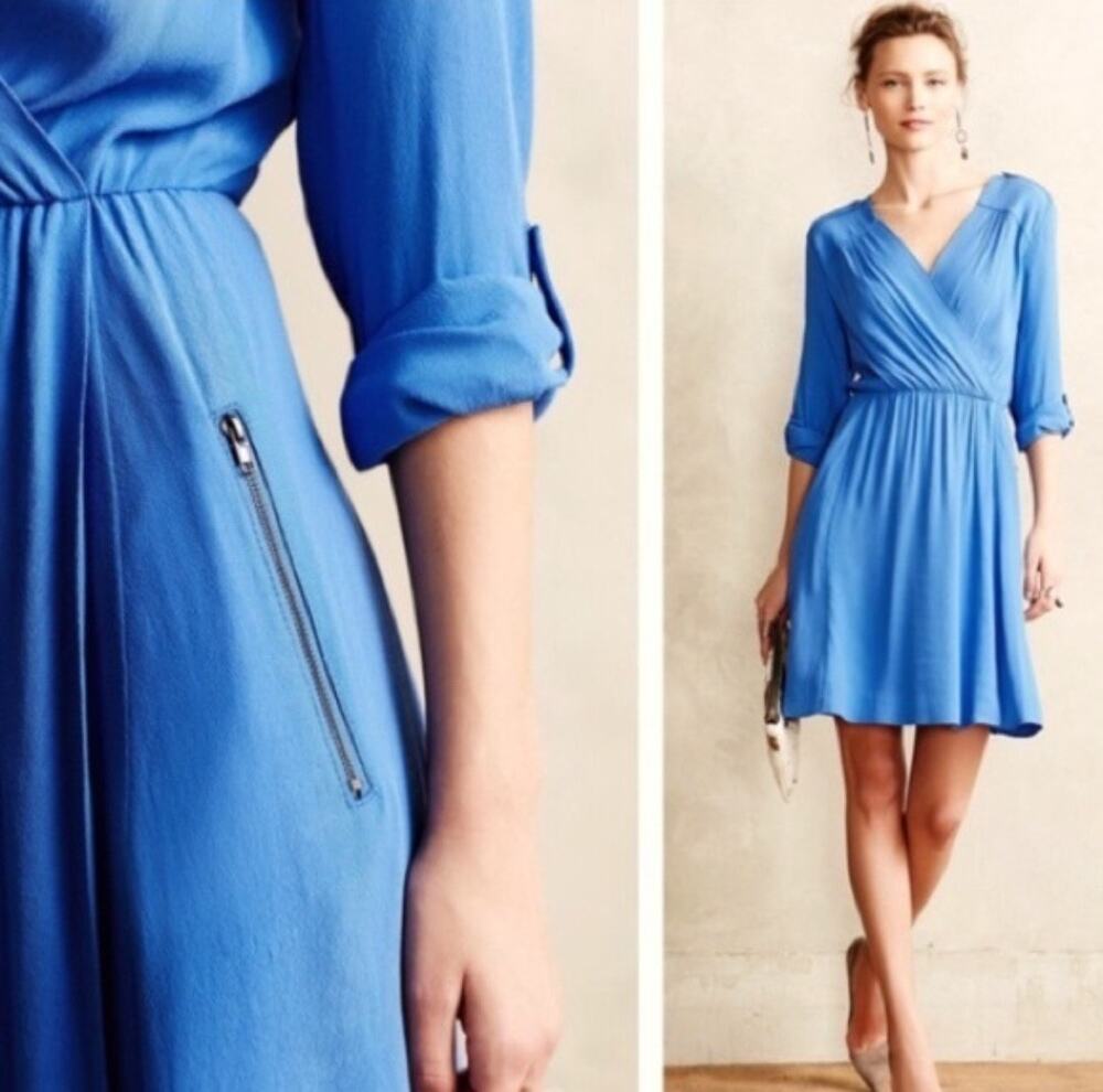 Anthropologie Maeve Lene Crepe Faux Wrap Dress Blue XS